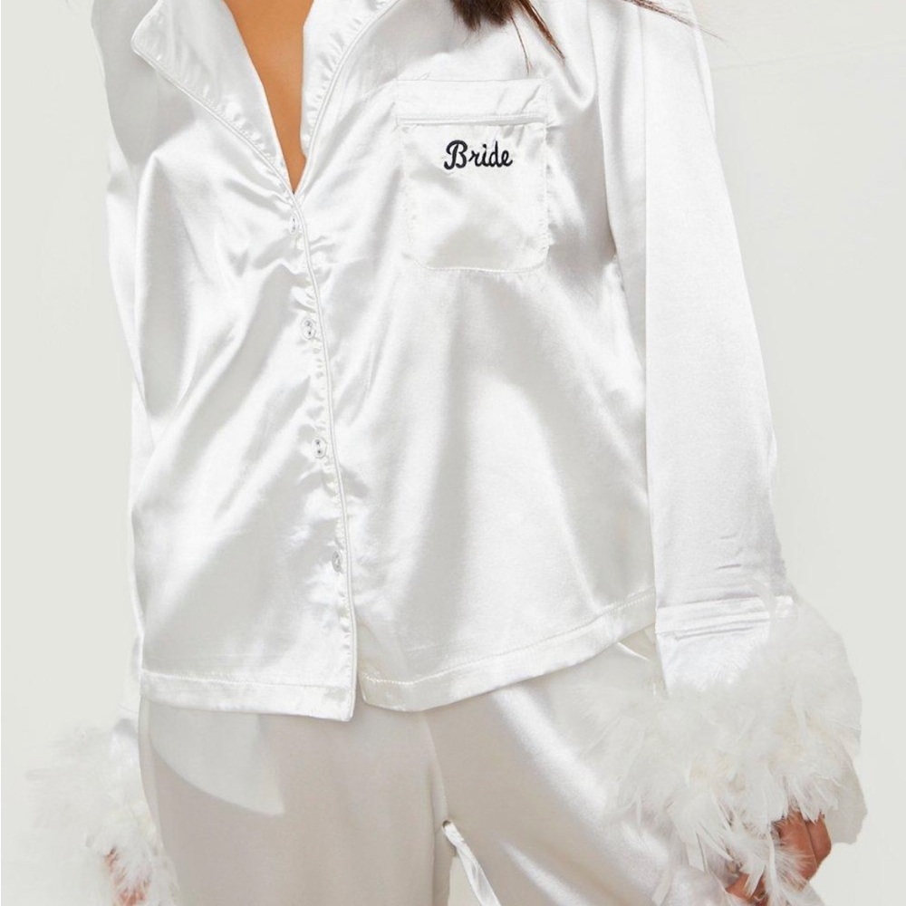 White Premium Bride Feather Satin Pajamas from Boohoo